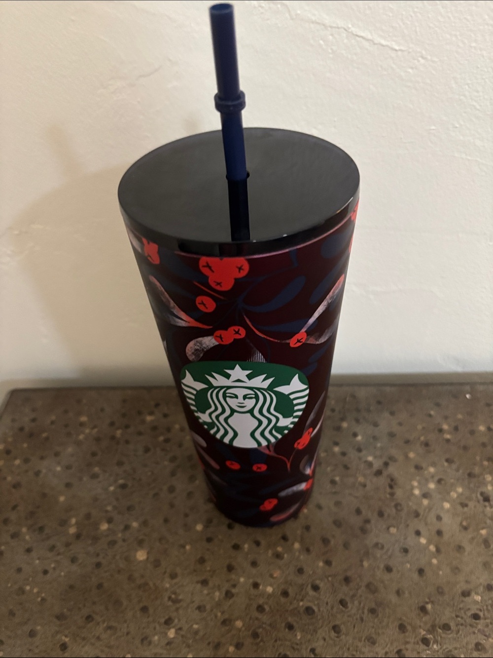 Starbucks Dark Red Cherry Pattern Tumbler with Navy Straw